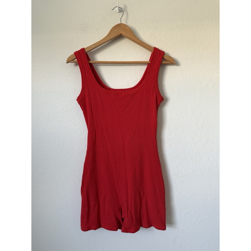 SKIMS Ribbed Scoop-Neck Romper Women's Red Size Large Fully Lined One Piece